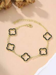 1pc Luxury Copper Zirconia Hollow Floral Chain Bracelet, Fashionable & Elegant Women's Lucky Charm Bracelet, Birthday/Date Gift