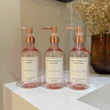 3个500毫升/16盎司玫瑰粉色可再填充泵瓶，带玫瑰金泵头，适用于洗发水、沐浴露、护发素、酒店浴室乳液瓶，带防水标签 - Translucent Pink - 查看 6
