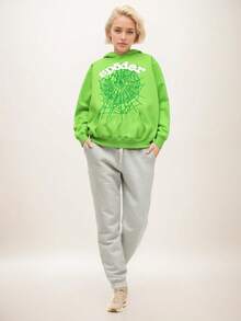 Sp5der 555555 Spider Web Foamed Printed Pure Cotton Hooded Sweatshirt Casual Long Pants Set For Autumn And Winter Men And Women  Spring/Fall  All    Drawstring  Pocket  Zipper - Green - View 4
