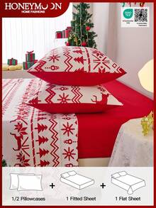 Seturi de cearșafuri cu imprimeu de reni și fulgi de zăpadă de Crăciun, 3/4 buc., cu fețe de pernă, lenjerie de pat ușoară, cu aspect de nori, rezistentă la șifonare, rezistentă la micșorare, inclusiv cearșaf plat * 1 + cearșaf cu elastic * 1 + față de pernă * 1/2, cearșaf cu buzunar adânc, pentru paturi de toate dimensiunile, certificat Oeko-Tex