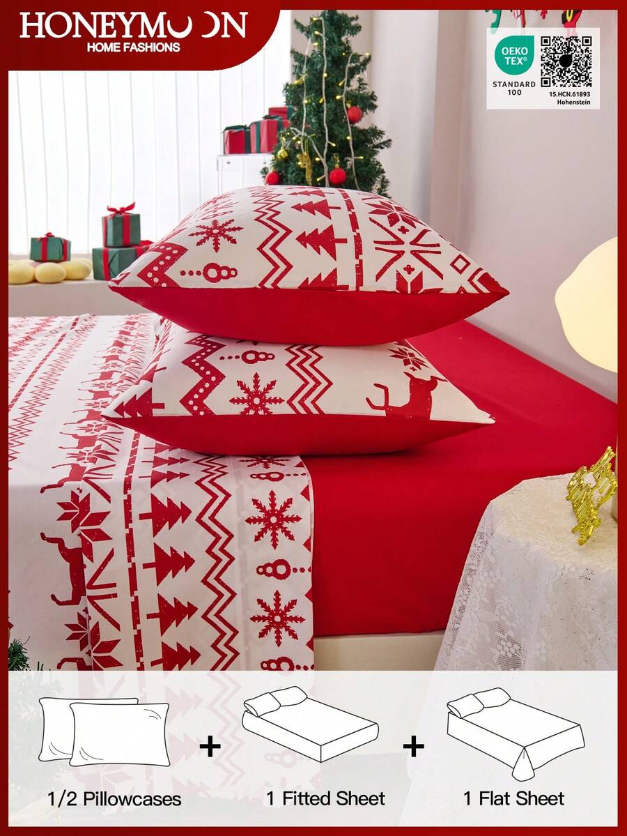 Seturi de cearșafuri cu imprimeu de reni și fulgi de zăpadă de Crăciun, 3/4 buc., cu fețe de pernă, lenjerie de pat ușoară, cu aspect de nori, rezistentă la șifonare, rezistentă la micșorare, inclusiv cearșaf plat * 1 + cearșaf cu elastic * 1 + față de pernă * 1/2, cearșaf cu buzunar adânc, pentru paturi de toate dimensiunile, certificat Oeko-Tex