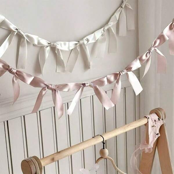 Bowknot Ribbon Garland Flags, Bow Handmade Hanging Garlands, Sweet Room Wall Hanging Banenr For Birthday Room Girly Heart Decorations Wedding Party Decoration
