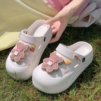 ASOFTER Women's Cartoon Cookie Bear Hollow Slippers, Fashionable Casual Summer Outdoor/Indoor Non-Slip Sandals For Beach, Vacation