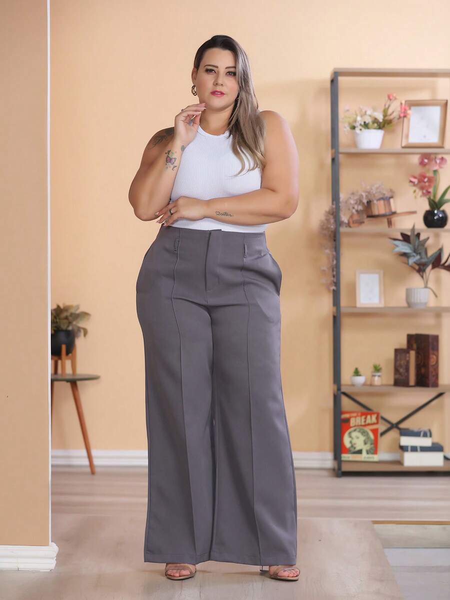 Plus Size Wide Leg Pants, New Fashion Tailored Fabric - 深灰色 - 查看 1