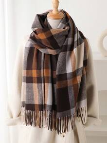 1 pieza Elegante bufanda/echarpe de mujer a cuadros multicolor con flecos de imitación de cachemira, Chal/pashmina de cachemira, Bufanda de cuello unisex estilo grueso y casual para el invierno, Chal envolvente para mujer, Suave y cómoda, Para uso diario y salidas, así como regalos navideños para miembros de la familia