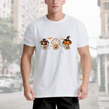 Camiseta gráfica de hongo de Halloween unisex - 220g% algodón, blanco y negro, manga corta, diseño de hongo espeluznante con murciélagos y sombrero de bruja, ajuste cómodo casual, regalo de Halloween para familia y amigos, tallas S- - Blanco - Ver 4