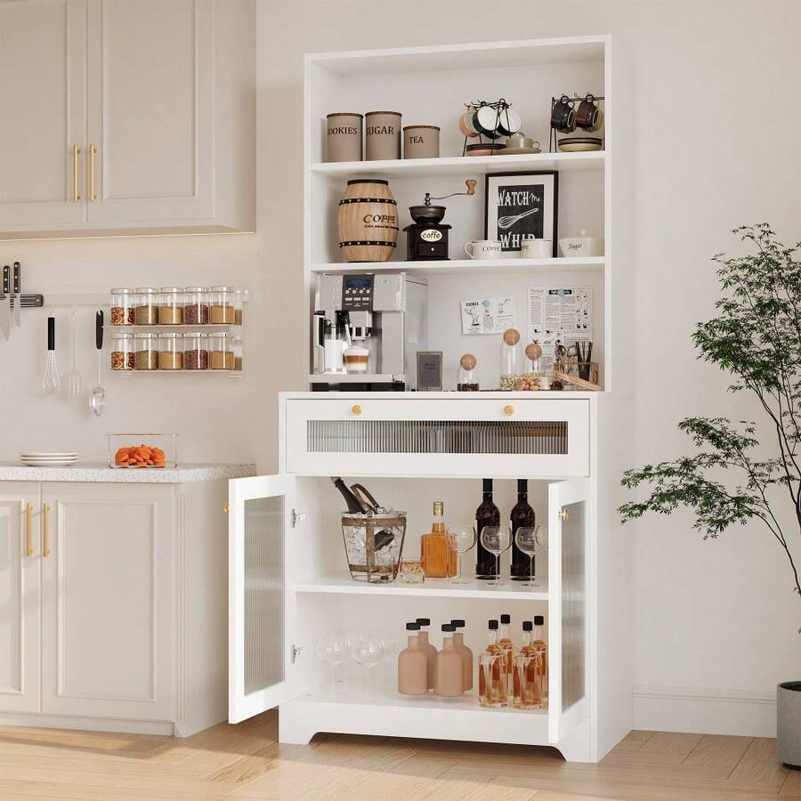 62" Kitchen Pantry Cabinet, Wooden Tall Sideboard Buffet Cabinet With Large Microwave Stand, Hutch Cupboard, Pantry Storage Organizers Coffee Bar For Dining Room Or Living Room - trắng - Xem 1