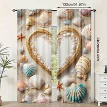 2pcs Heart & Beach Themed 2D Digital Printing Curtains, Washable, Suitable For Bedroom, Living Room, Study And Other Rooms (Rods Not Included) (Not Multi-Layer Curtains) - Multicolor - View 2