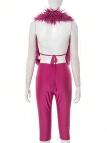 Party Ready Halter Neck Tie Back Fur Detail Crop Top And Slim Fit Capri Pants Two Pieces Set For Women In Medium Stretch Material Stylish Clothing Collection - Purple - View 6
