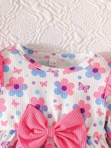 2 Stücke/Set Baby Mädchen Blume Muster Langarm Kleid mit Schleife, eleganter College-Stil