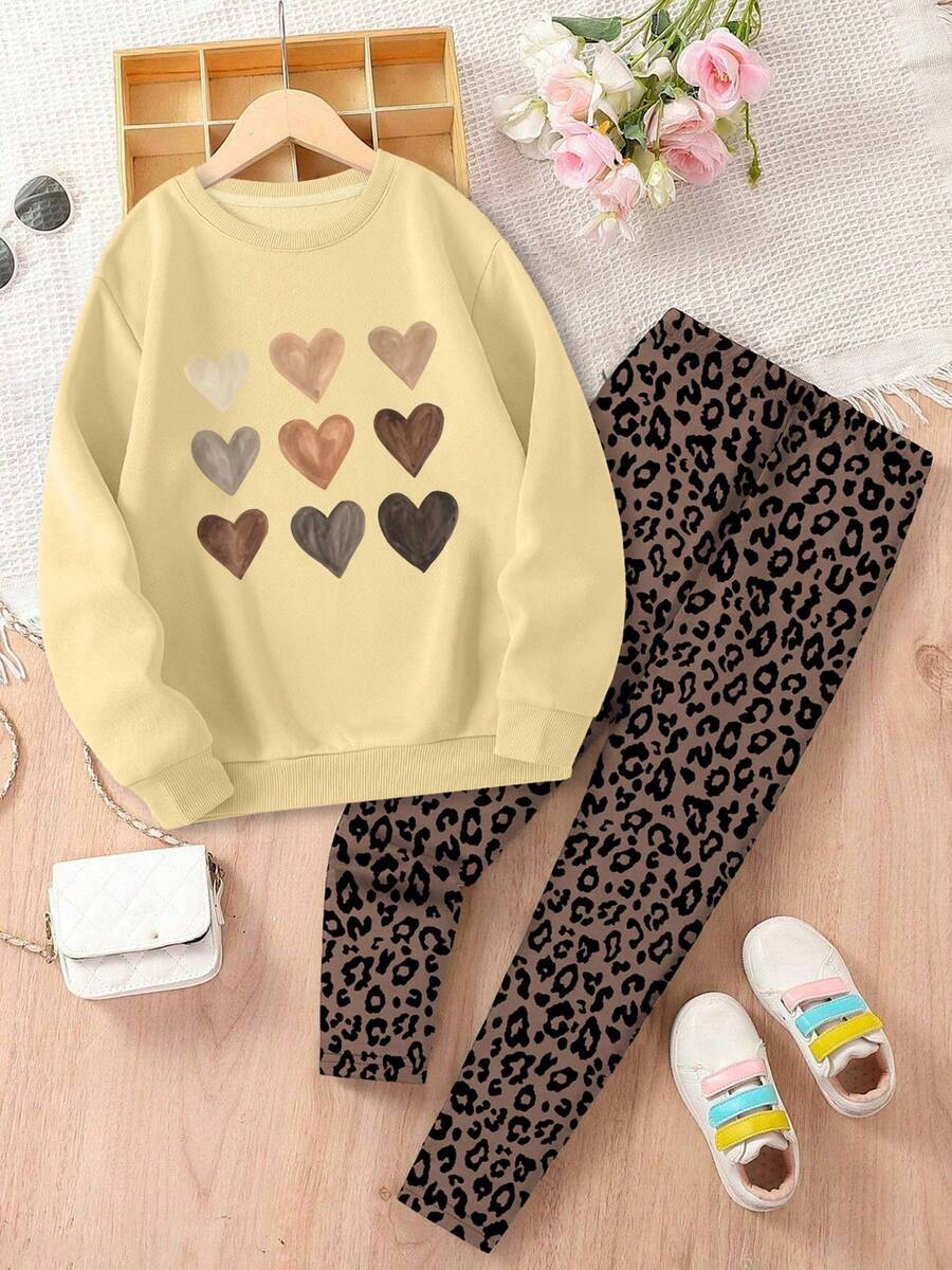 少女复古爱心印花卫衣搭配豹纹长裤休闲装 - 杏色 - 查看 1