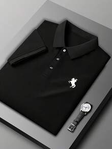 Men's Casual Polo Shirt, Knight Embroidery Design, Minimalist Fashion For Everyday - Black - View 1