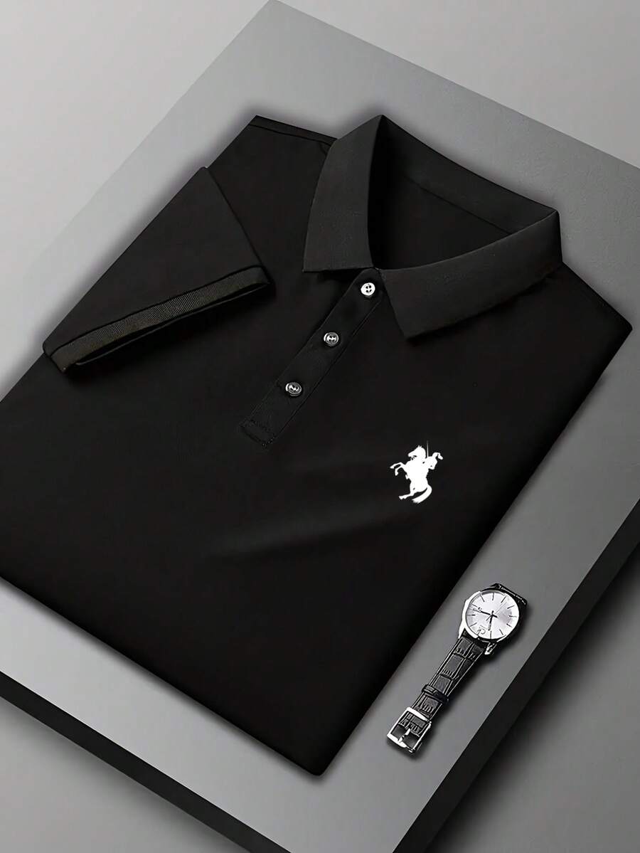 Men's Casual Polo Shirt, Knight Embroidery Design, Minimalist Fashion For Everyday - Black - View 1