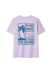 Nuevos artículos populares de 2026: Camiseta casual de manga corta con cuello redondo y estampado de palmeras y letras para mujer, versátil y a la moda para el estilo diario de vacaciones. Camisetas gráficas para mujer, top blanco, top negro, top rosa. - Púrpura - Ver 9
