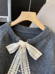 女士休闲蝴蝶结装饰开衫，宽松垂坠长袖上衣，简约时尚，完美搭配 - 深灰 - 查看 3