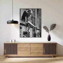 1pc Frameless Black & White Vintage Minimalist Canvas Wall Art - Elegant Girl Sitting By Window With Outstretched Legs, Waterproof Odorless Vertical Poster For Bedroom, Living Room, Office, Dorm Decor, Indoor/Outdoor Use, Birthday Gift Artwork, Home Decoration, Artistic Decor, Highquality Print, Framed Alternative, Home Decorators