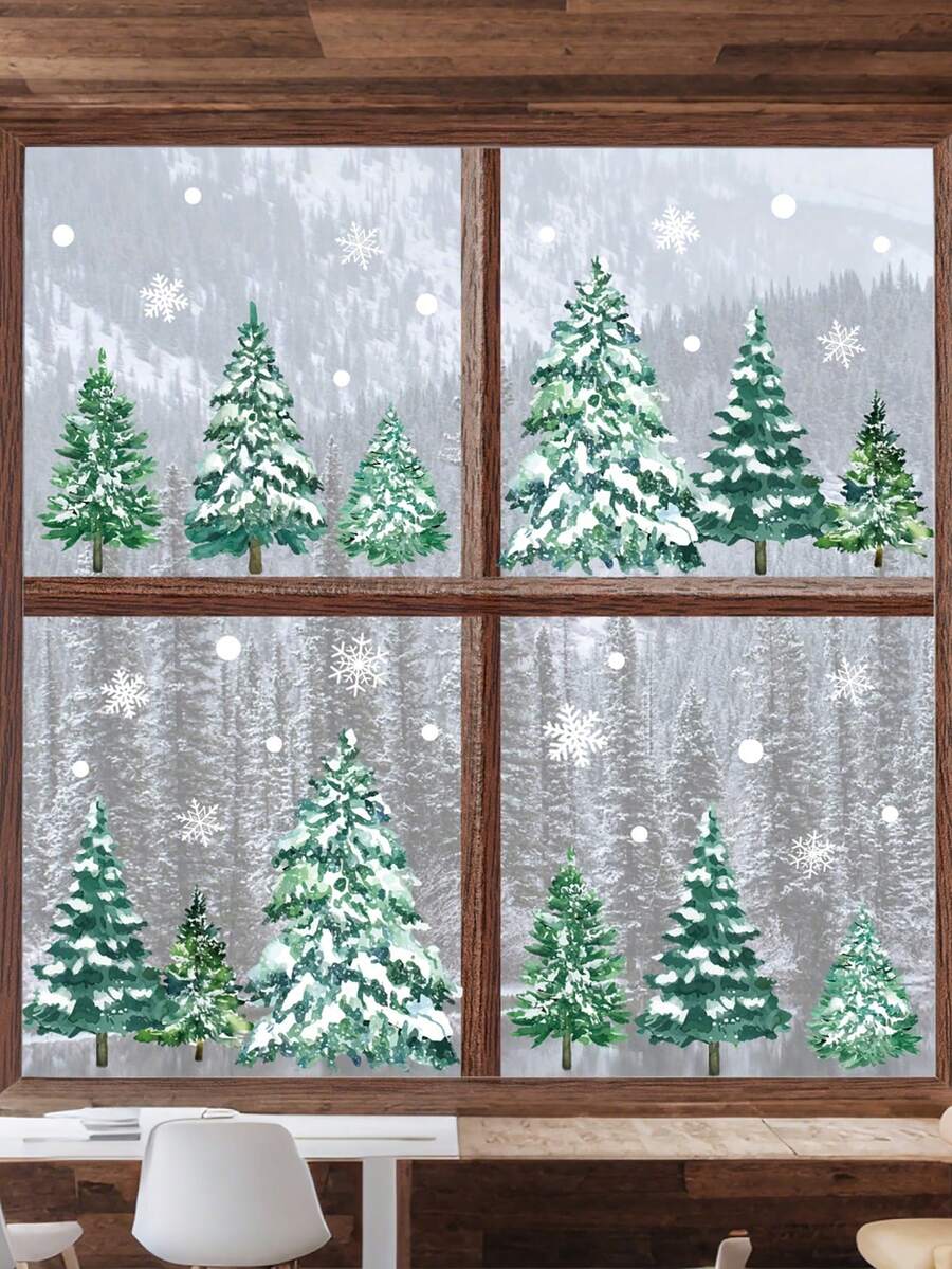 1PC Winter Forest Decoration Window Static Stickers, Christmas Tree Snowflake Decorations, Christmas Atmosphere Window Stickers - Multicolor - View 1