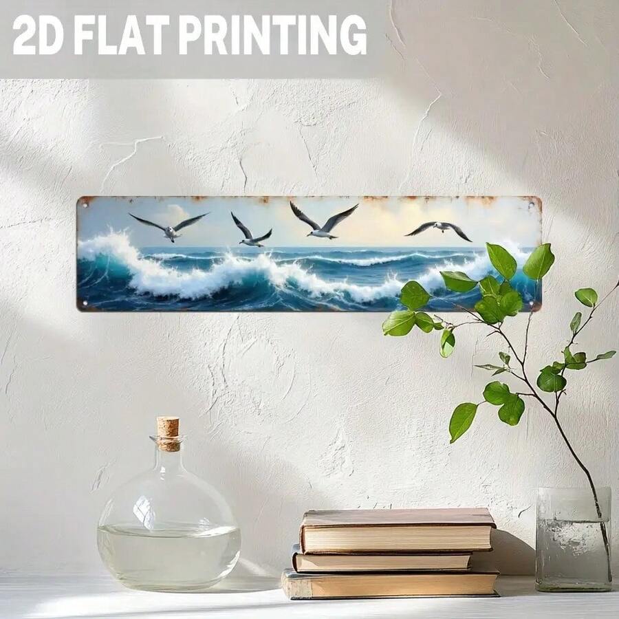 2D Flat - 1 Piece Style Seabird Flying Over Waves Metal Wall Hanging, 2D Flat Coastal Theme Decoration, Vintage Style Indoor/Outdoor Hanging Art, Suitable Beach Houses, Living Rooms, Bedrooms, Offices - 3.93x 15.74inch , No Electricity Required, Beach House Decoration |   Wave Design |   Durable Wall Art, Beach House Decor