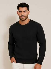 Men's Knitted Sweater, Round Neck, Long Sleeve, Basic Casual Knit Top - 灰色 - 查看 7