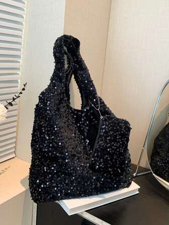 Koreansk bling-bling axelväska, stor kapacitet med guldtråd och paljett, unik designad tygväska med påse, lämplig för arbete, pendling, resor, tillbaka till skolan