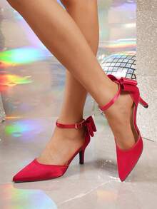 Burgundy Satin Bow Pointed Toe Ankle Strap High Heel Shoes For Women, Spring/Autumn - Burgundy - View 4