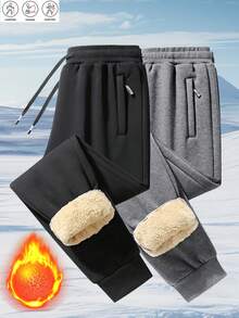 Men's Thick Solid Color Loose Casual Sweatpants, Suitable For Autumn/Winter, With Back Pocket And Drawstring, Suitable For Outdoor Walking, Running, Hiking And Other Activities, Fleece Fabric - màu đen - Xem 1