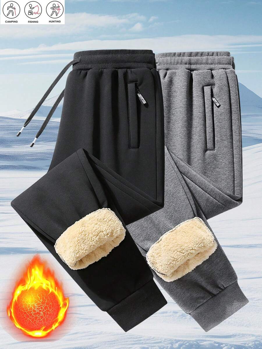 Men's Thick Solid Color Loose Casual Sweatpants, Suitable For Autumn/Winter, With Back Pocket And Drawstring, Suitable For Outdoor Walking, Running, Hiking And Other Activities, Fleece Fabric - màu đen - Xem 1