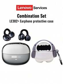 Lenovo 联想 LE302 蓝牙耳机带保护套，耳挂式开放式环绕声，高保真音频，低延迟，音乐和游戏，定向传输，ENC 降噪，通话清晰，无线耳塞 - 多色+鯊魚保護套 - 查看 15