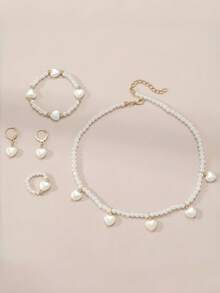 Heart Shaped Pendant & Pearl Jewelry Set For Children, Including Necklace, Bracelet, Ring And Earrings
