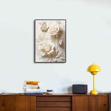 1 pieza Póster de arte de pared Moderno y elegante con rosa blanca y mariposa en lienzo 2D - Decoración floral moderna para sala de estar, dormitorio, oficina - Pintura abstracta de flores enmarcada con acentos en crema - Regalo perfecto para Halloween, Acción de Gracias, Navidad