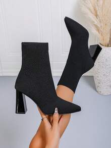 Botas de tobillo de tacón grueso de punto para mujer de talla grande, con puntera puntiaguda y ajuste elástico delgado, para primavera/otoño - Negro - Ver 2