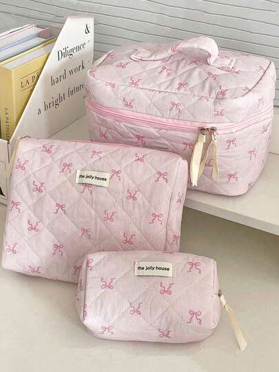 3pcs/Set Pink Bow Makeup Bag, Lightweight Zipper Cosmetic Organizer Bag, Sweet Style Multi-Function Toiletry Storage Box, Mother's Day Gift, Gift For Best Friend, Gift For Teacher. Cosmetic Bag, Makeup Organizer Box, Makeup Pouch, Makeup Storage, Jewelry Storage, Lip Gloss Storage, Nail Polish Storage, Makeup Bag, Makeup Storage Box, Makeup Organizer, Makeup Storage, Makeup Pouch, Makeup Bag