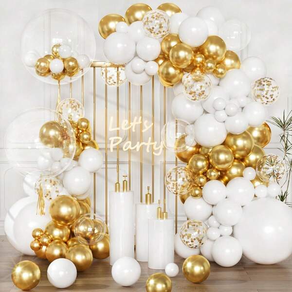 Kit de arco de globos dorado y blanco, 100 piezas de kit de guirnalda de globos de cumpleaños dorados y blancos adecuado para decoración de fiesta de cumpleaños, boda, baby shower, fiesta bohemia