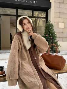 女士二合一连帽夹克，欧美新款设计，保暖内衬，厚实保暖，秋冬 - 卡其色 - 查看 3