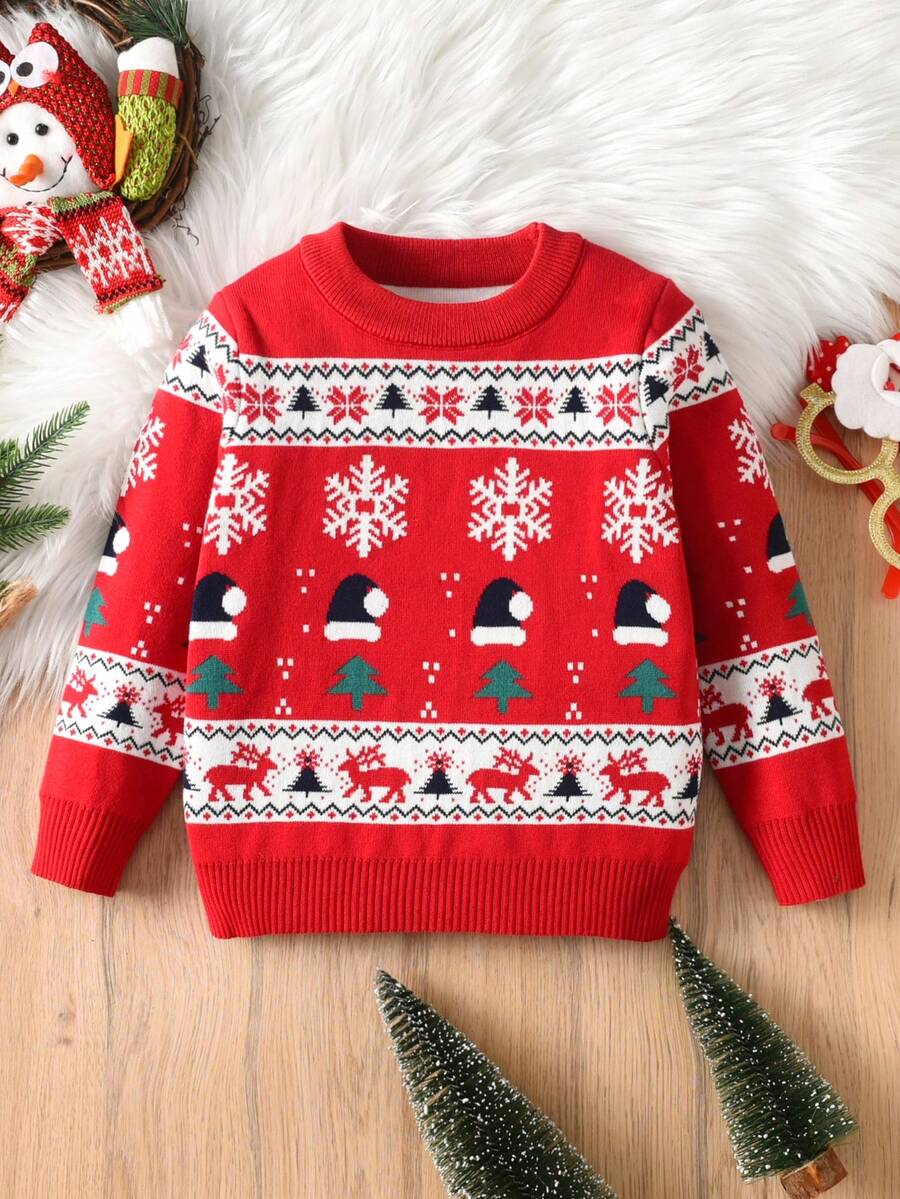 Sweter z motywem renifera i płatków śniegu dla chłopców i dziewcząt, odpowiedni na wiosnę, jesień i zimę - Czerwony - Zobacz 1