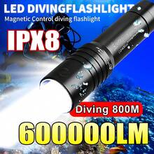 600.000 LM amphibische LED Tauchlampe, Unterwasser Tauchlampe mit IPX8 Wasserdichtigkeit, professionelle Hochleistungs-Tauchlampe, 18650 wiederaufladbare Batterie, 12 Stunden Laufzeit, 800 m Tauchtief, geeignet für Angeln, Strandsuche und Unterwasseroperationen