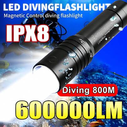 600000LM Amphibious LED Diving Flashlight, Underwater Scuba Diving Light With IPX8 Waterproof Rating, Professional High-Power Diving Lamp, 18650 Rechargeable Battery, 12-Hour Runtime, 800M Deep Diving Capability, Suitable For Fishing, Beachcombing, And Underwater Operations