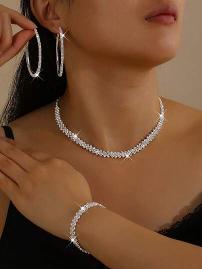 女士时尚项链、耳环、手链首饰套装，菱形图案，优雅百搭，适合派对、新娘、婚礼、情人节等场合佩戴