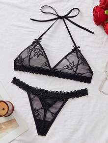 2pcs Custom Christmas Women Backless Lace Sheer Sexy Lingerie Set