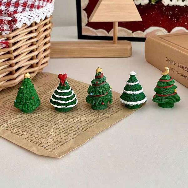 5 Pcs Of Mini Christmas Tree Landscape Decorations, Cute Resin Handicrafts, Christmas Gifts, Garden Ornaments , Home Decor Christmas Decorations Room Decor