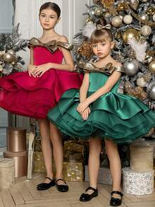 Young Girl Christmas Dress, Bow Decor Tulle Princess Party Dress, Suitable For Girls Birthday Party, Holiday Celebration, Wedding And Other Important Occasions - 酒紅色 - 查看 3