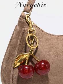 1个 Novachic 柔软绒面短款驼色可爱樱桃装饰简约单肩包，拉链封口，复古风格，腋下包，适合多种场合，秋冬季 - 卡其色 - 查看 3