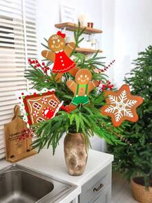 4 buc - decor de brad de Crăciun din turtă dulce, bețișoare de brad de Crăciun din turtă dulce, fulg de zăpadă, casă și bărbat, pentru decor de Crăciun, masă, vază, umplutură, decor de petrecere de sărbători