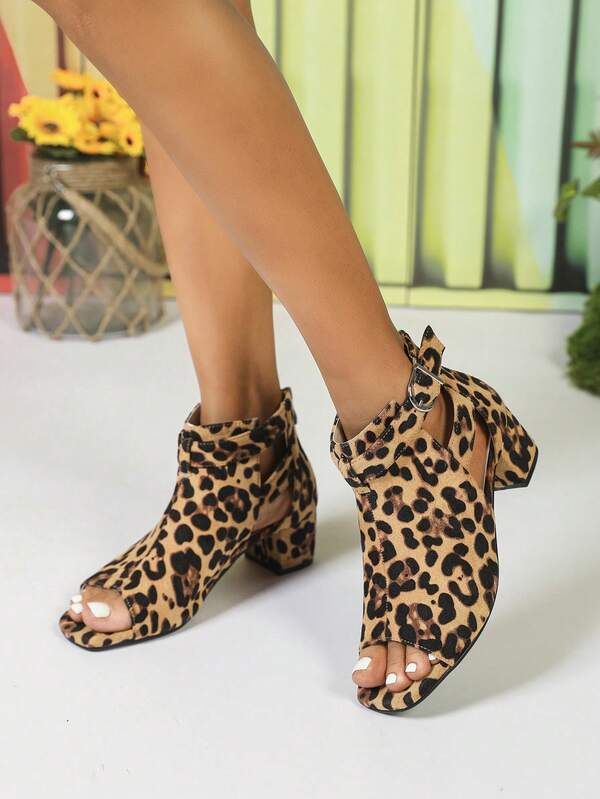 صنادل نسائية ذات كعب عالي، مطبوعة بنمط النمر، مزودة بسحاب، أحذية أمهات، للاستخدام الخارجي في الصيف