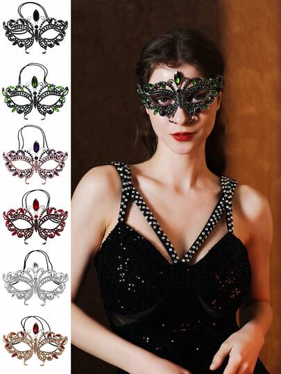 1pc Fashionable Rhinestone Mask, High-End Geometric Hollow-Out Mask For Halloween Party, Masquerade Ball Decor