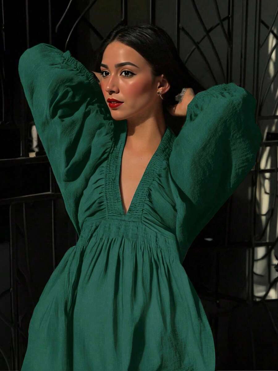 全新优雅时尚性感深 V 领泡泡袖休闲迷你连衣裙，度假波西米亚风/西部风/热带风/太阳裙，春/夏 - 墨綠色 - 查看 1