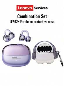 Lenovo 联想 LE302 蓝牙耳机带保护套，耳挂式开放式环绕声，高保真音频，低延迟，音乐和游戏，定向传输，ENC 降噪，通话清晰，无线耳塞 - 多色+鯊魚保護套 - 查看 4
