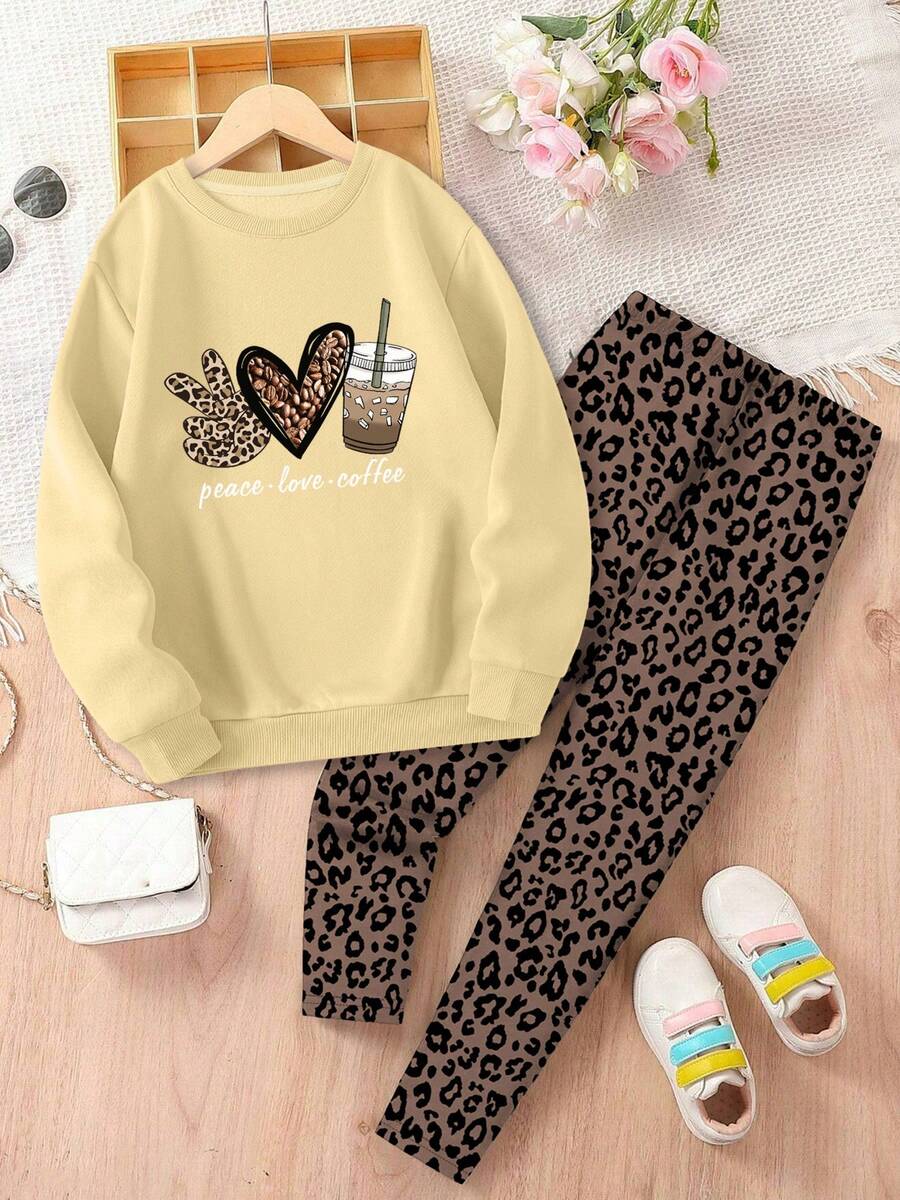 Tween Girls Leopard Heart & Letter Print Comfy Loose Sweatshirt And Leopard Print Soft Pants Set - Apricot - View 1