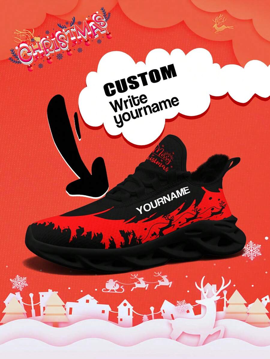 Custom Women's Christmas Plush Lining Sneakers With Personalized Name Print, Festive Santa Belt Design Cozy Shoes With Customized Photo, Lightweight Comfortable Soft Bottom Warm Sneakers For Men And Women, Gym Training Breathable Tennis Shoes, Unique Christmas Gift For Mom/Dad/Her/Him/Girlfriend/Boyfriend/Wife/Husband/Friend ﻿ - Black - View 1