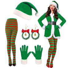 6 件节日圣诞服装配饰套装 - 涤纶和氨纶混纺 - 包括圣诞帽、条纹袜、红绿手套、蝴蝶结耳环 - 高弹性、优质毛绒、无羽毛女士圣诞服装